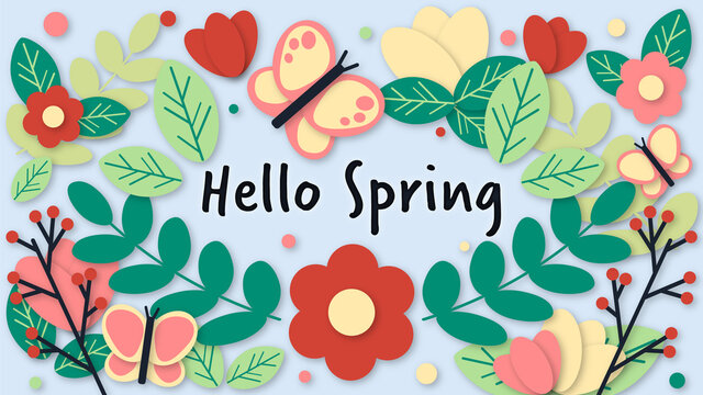 Hello spring floral wallpaper background papercut effect