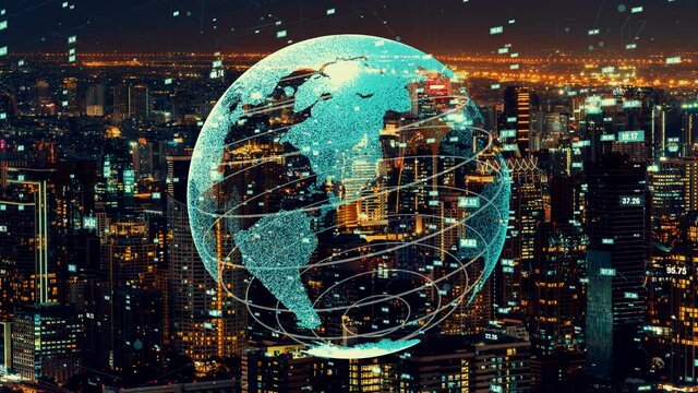 Global connection and the internet network modernization in smart city . Concept of future 5G wireless digital connecting and social media networking .