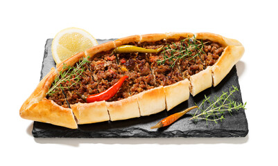 Traditional Turkish cuisine. Turkish pizza or Pita with ground beef . isolated on white background