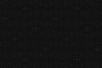 Geometric black background. Volumetric composition with 3D effect of convex shape. Ethnic embossed pattern in abstract style for presentations, websites.