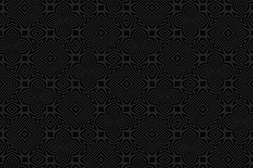 Obraz na płótnie Canvas Geometric curly black background. Volumetric composition with 3D effect of a convex shape. Ethnic embossed pattern in the style of oriental doodling for presentations, websites.