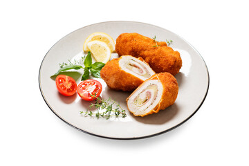 French traditional cuisine crispy, creamy chicken cordon bleu isolated on white background