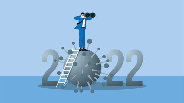Business outlook vision concept in year 2022. Visionary businessman leader use binoculars to forecast business opportunity. On top of ladder above the year 2022 number and virus, COVID-19 coronavirus.