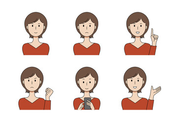 様々な表情をする女性のベクターイラストセット	