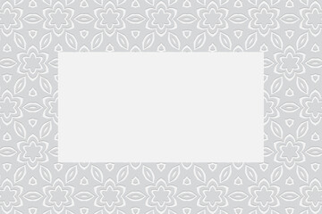 Geometric stylish floral white background. Volumetric original composition with 3D effect of convex shape. Ethnic embossed pattern. Frame for text, advertising.