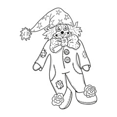 Cute clown toy illustration outline, isolated on white background. Coloring book page.