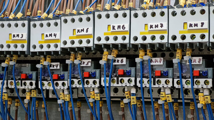 Group of magnet starters in electrical cabinet of automation control industrial system
