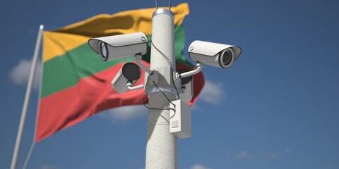 Waving flag of Lithuania and the security cameras. 3d rendering
