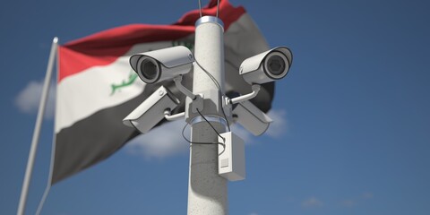 Naklejka na ściany i meble Flag of Iraq and four security cameras, 3d rendering