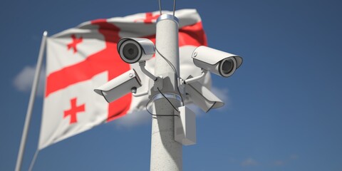 Naklejka na ściany i meble Flag of Georgia and four security cameras, 3d rendering