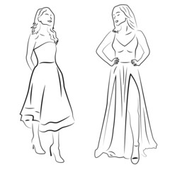 2 Konturen von schönen Frauen mit Kleid Lineart