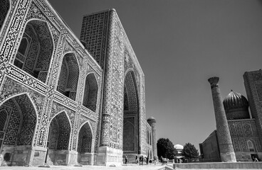 black and white view of central square madrasah of Samarkand 