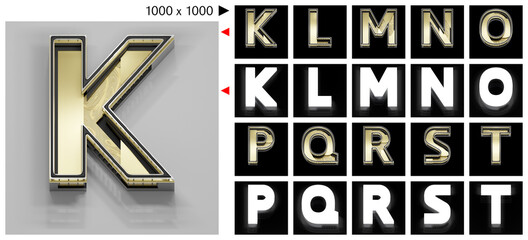 Black Gold 3D Number Set Of 10 Letter K-T Isolated With Alpha Mask For Object And Shadow