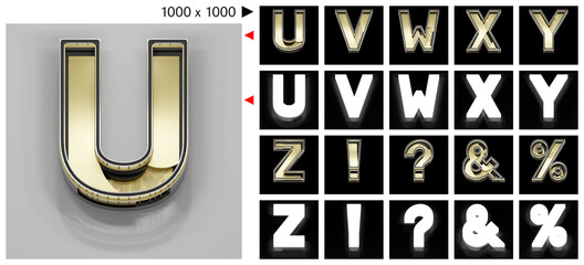 Black Gold 3D Number Set Of 10 Letter U-Z Isolated With Alpha Mask For Object And Shadow - 418516486
