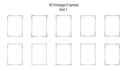 Set of 10 unique retro ornate frames, corner flourishes, collection of exclusive rectangle vignette templates, empty art deco oriental style hand drawn design elements, for pages, blanks, greetings