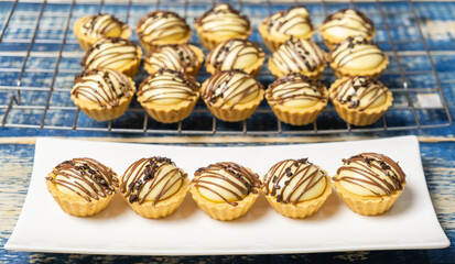 Freshly baked cheese tart with chocolate toppings. Selective focus.