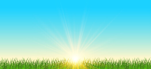 Fototapeta na wymiar Realistic sunrise over a field of grass. Natural panoramic with bright sunlight background. Sunrise with blue sky and grassy meadow. Sunburst lighting. Vector illustration