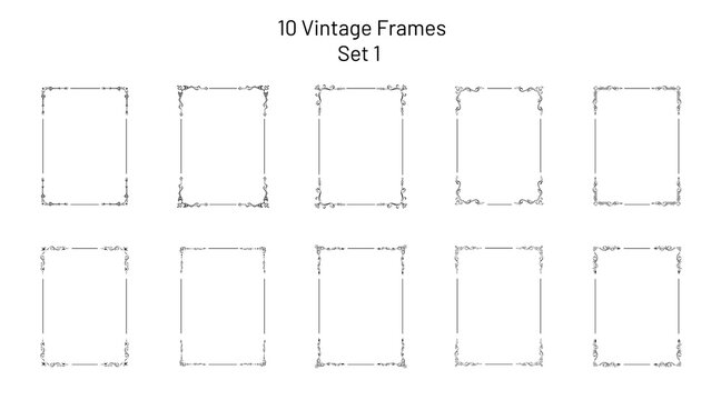 Set of 10 unique retro ornate frames, corner flourishes, collection of exclusive rectangle vignette templates, empty art deco oriental style hand drawn design elements, for pages, blanks, greetings