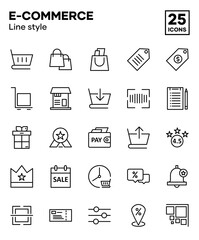 E-commerce icon set with line styles, including online shop, cart, shopping, market, buy and sell. Editable vector icon set