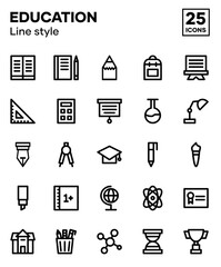 Set of education icons with line styles, including stationery, books, pencils, tools for students and other subjects. Editable vector icons