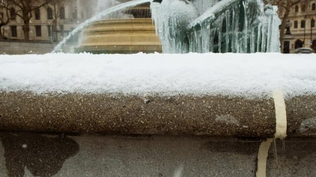 Close-up view of icicle formations in Trafalgar Square, London, England, UK, as the capital plunges into sub-zero temperatures