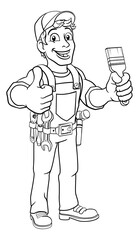 A painter decorator construction handyman cartoon man holding a paintbrush brush and giving a thumbs up