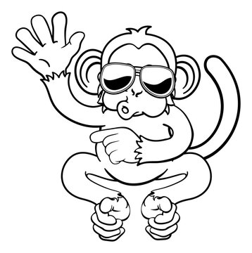 A monkey cute happy cool cartoon character animal wearing sunglasses waving and pointing