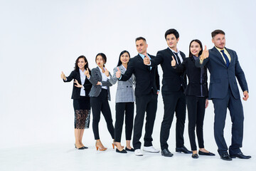 Obraz premium Full picture of professional staff with thumbs up and looking to the left of the picture.