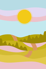 Abstract minimalistic poster. Spring, sun, mountains, forest, haze in the sky and lavender fields. Vector illustration for printing on paper, fabric.