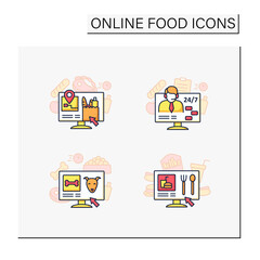 Online food color icons set. Online pet shopping, customer support, menu, supermarket. Isolated vector illustrations