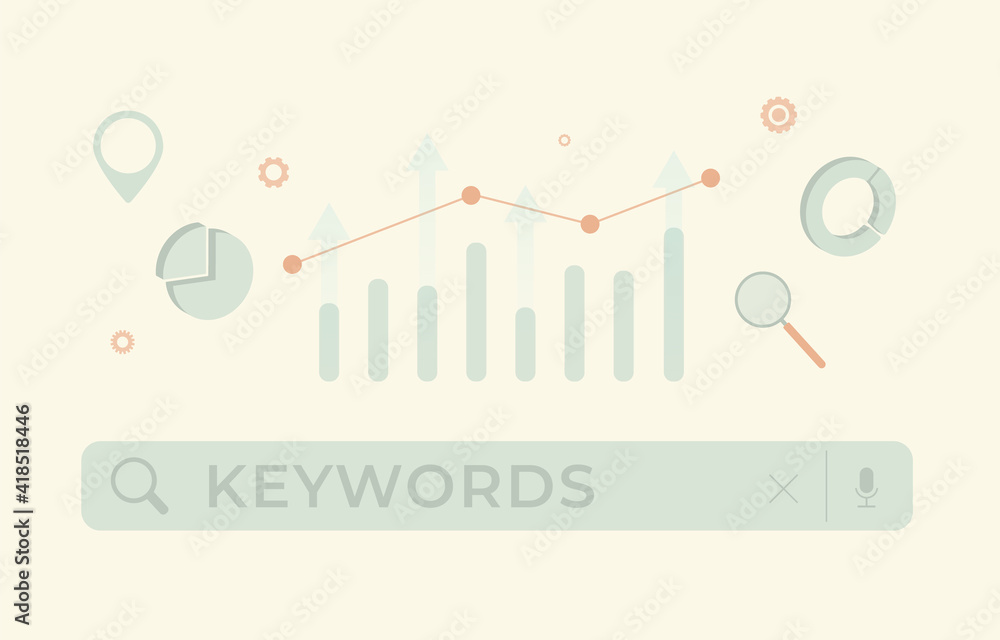 Poster keyword optimization seo concept. research, selection and analysis popular search terms for search e