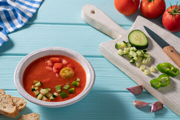 Gazpacho Andaluz is an Andalusian tomato cold soup from Spain
