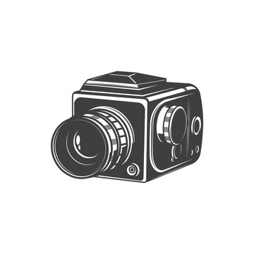Analog photocamera isolated photo shooting device monochrome icon. Vector photographer instrument, photo-camera photography symbol. Vintage cam with folding zoom lens or object-glass, black and white