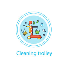 Cleaning trolley concept line icon. Different cleaning tools . Truck with bucket, detergents. Cleaning service concept.Vector isolated conception metaphor illustration