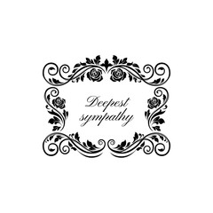 Funerary condolence memory inscription, branches, flowers and leaves with deepest sympathy lettering isolated. Vector memorial text on tombstone mockup, floral ornamental frame, sadness and memories