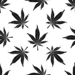 Cannabis seamless pattern.Black hemp leaves on a white background.Marijuana pattern vector illustration