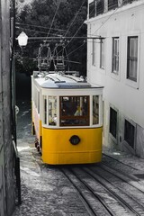 Yellow elevator in Lisbon Portugal. Tram.