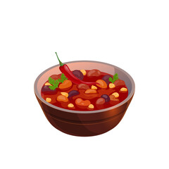 Bean soup mexican cuisine food isolated bowl with tomato sauce, chili pepper and vegetables. Vector traditional vegetarian dish, realistic hot first course, spicy soup with meat and vegetables - obrazy, fototapety, plakaty