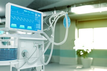 Medical 3D illustration, ICU artificial lung ventilator with fictive design in therapy clinic with selective focus - fight coronavirus concept