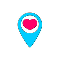 Pointer with heart icon, flat graphic design template, symbol for map, Valentine’s Day party sign, vector illustration