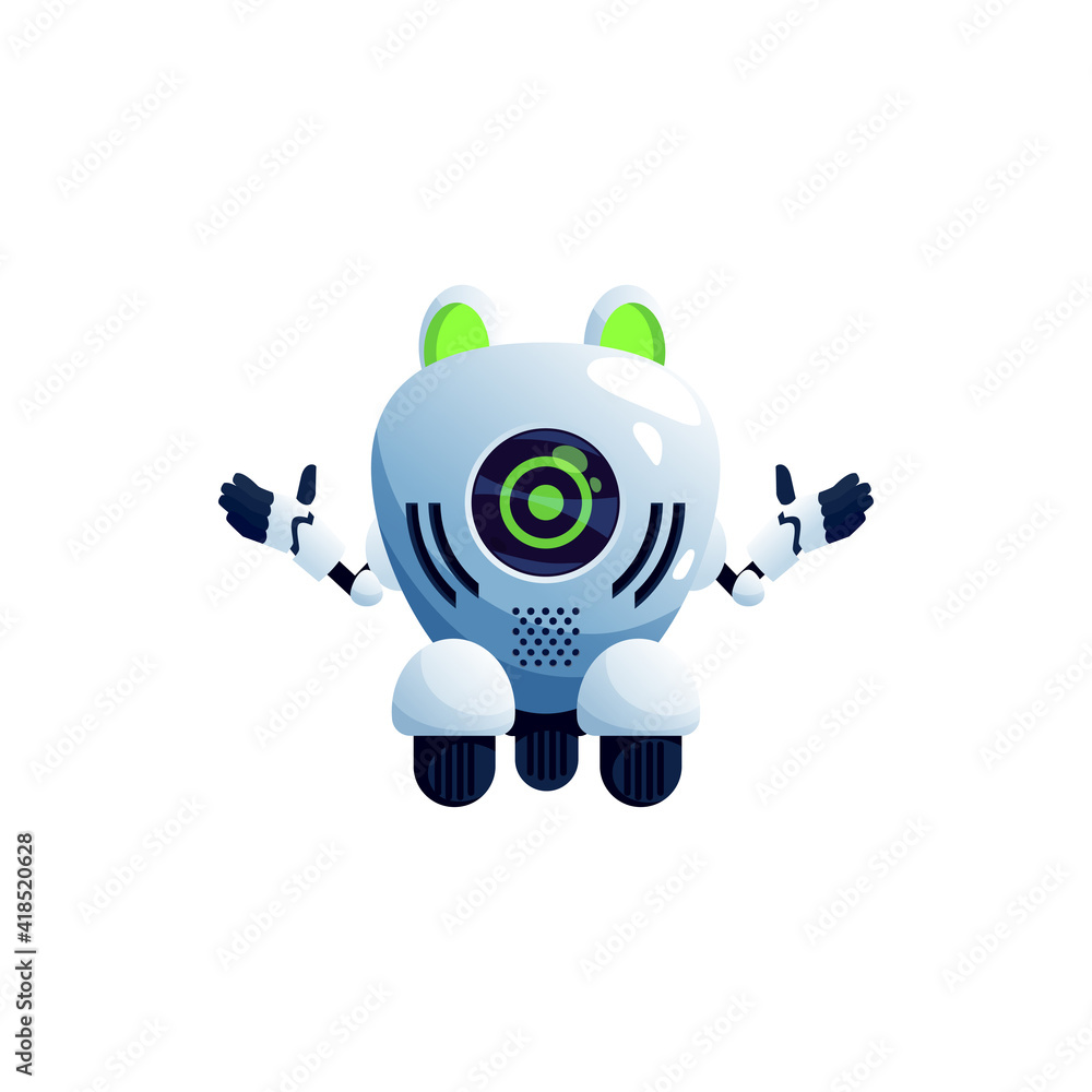 Poster robot animal frog pet isolated cyborg toy with big green eyes on display. vector realistic artificia