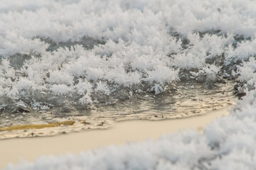 on a frosty winter day, beautiful ice figures similar to snow-white flowers form on the ice