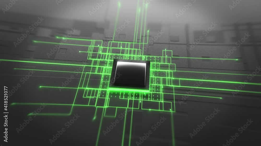 Poster 4k animation. technology background. microchip gpu. green neon lines network. flowing information. m
