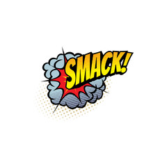 Fototapeta premium Smack comics pop art half tone cartoon bubble, vector icon. Retro sound red and grey cloud blast explosion with halftone pattern, exclamation isolated sign
