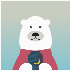 Cute polar bear holding glass jar with stars and moon. White polar bear in red warm sweater. Print for postcards or design in cartoon style, flat vector illustration with gradient background