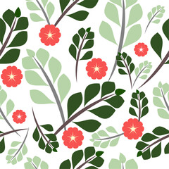 Seamless vector pattern: branches with green leaves and red flowers isolated on white background. Botanical flat vector illustration for postcards and design