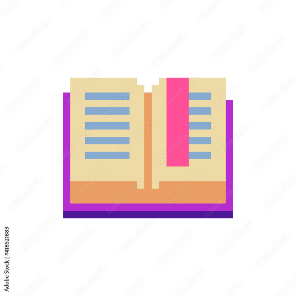 Poster open book with a bookmark. flat style icon. pixel art. web site design. 8-bit. isolated abstract vec