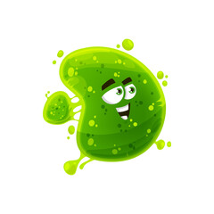 Bacterial funny pathogen, green smiling monster isolated cartoon germ character. Vector microbe organism, kids bacteria microorganism with eyes. Microbiological cell microbe, monster happy emoticon