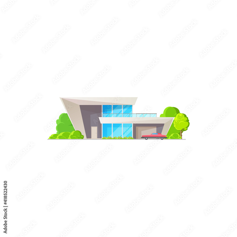 Sticker urban chalet, dwelling outdoor facade isolated modern contemporary building with car on parking and 