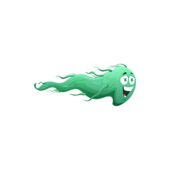 Cartoon virus cell vector icon, cute bacteria or germ mascot character move with funny face. Smiling pathogen microbe monster, micro organism smiling. green monster isolated sign
